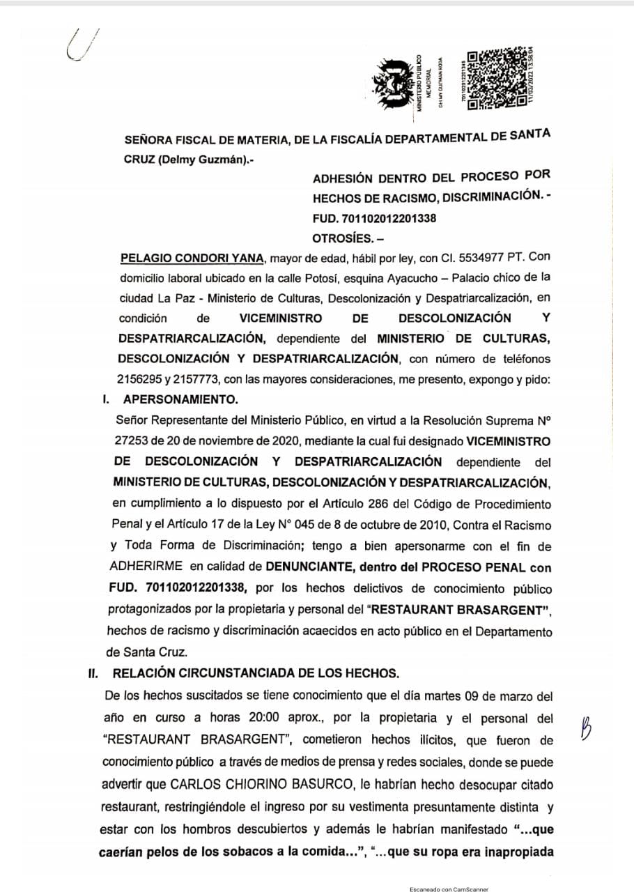 Presidente del Comité Nacional Contra el Racismo y Toda Forma de Discriminación y Viceministro de Descolonización y Despatriarcalización Pelagio Condori Yana, inició con el proceso de denuncia ante el Ministerio Público del Departamento de Santa Cruz. Presidente del Comité Nacional Contra el Racismo y Toda Forma de Discriminación y Viceministro de Descolonización y Despatriarcalización Pelagio Condori Yana, inició con el proceso de denuncia ante el Ministerio Público del Departamento de Santa Cruz.