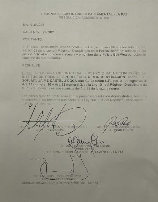 En el marco de la justicia y la verdad histórica, el Sof. My. Jaime Castelu Coca, fue dado de baja  de forma definitiva de la Policía Boliviana