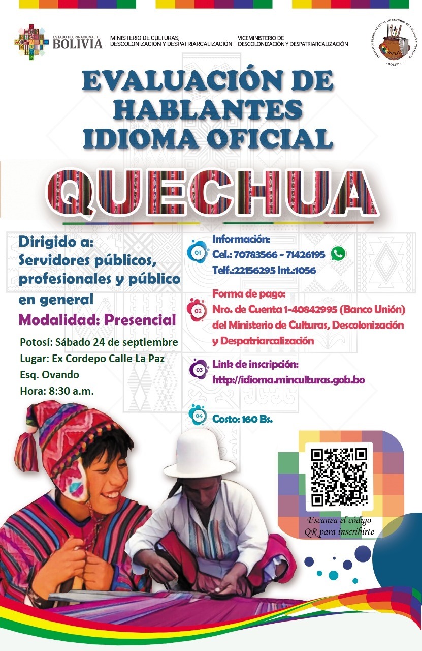 Potosí no te pierdas esta única oportunidad de obtener tu certificación en hablante en idioma oficial de Quechua o Aymara. Potosí no te pierdas esta única oportunidad de obtener tu certificación en hablante en idioma oficial de Quechua o Aymara.