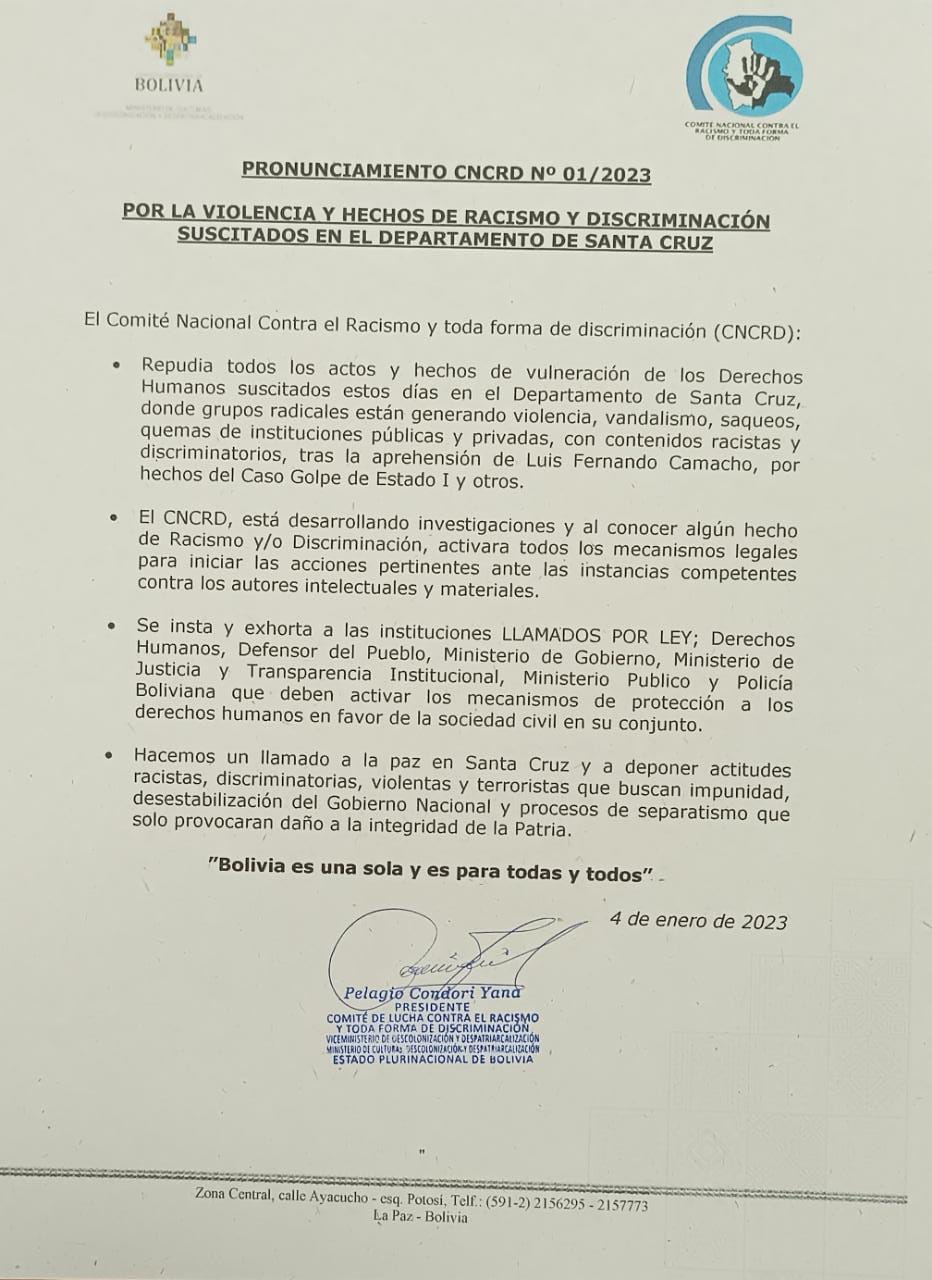 Pronunciamiento del Comité Nacional Contra el Racismo y Toda Forma de Discriminación.