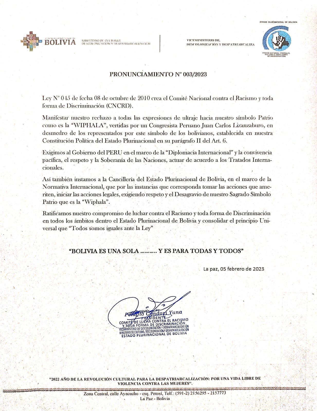 Pronunciamiento, en rechazo a todas las expresiones de ultraje hacia nuestro símbolo Patrio como es la “WIPHALA” Pronunciamiento, en rechazo a todas las expresiones de ultraje hacia nuestro símbolo Patrio como es la “WIPHALA”