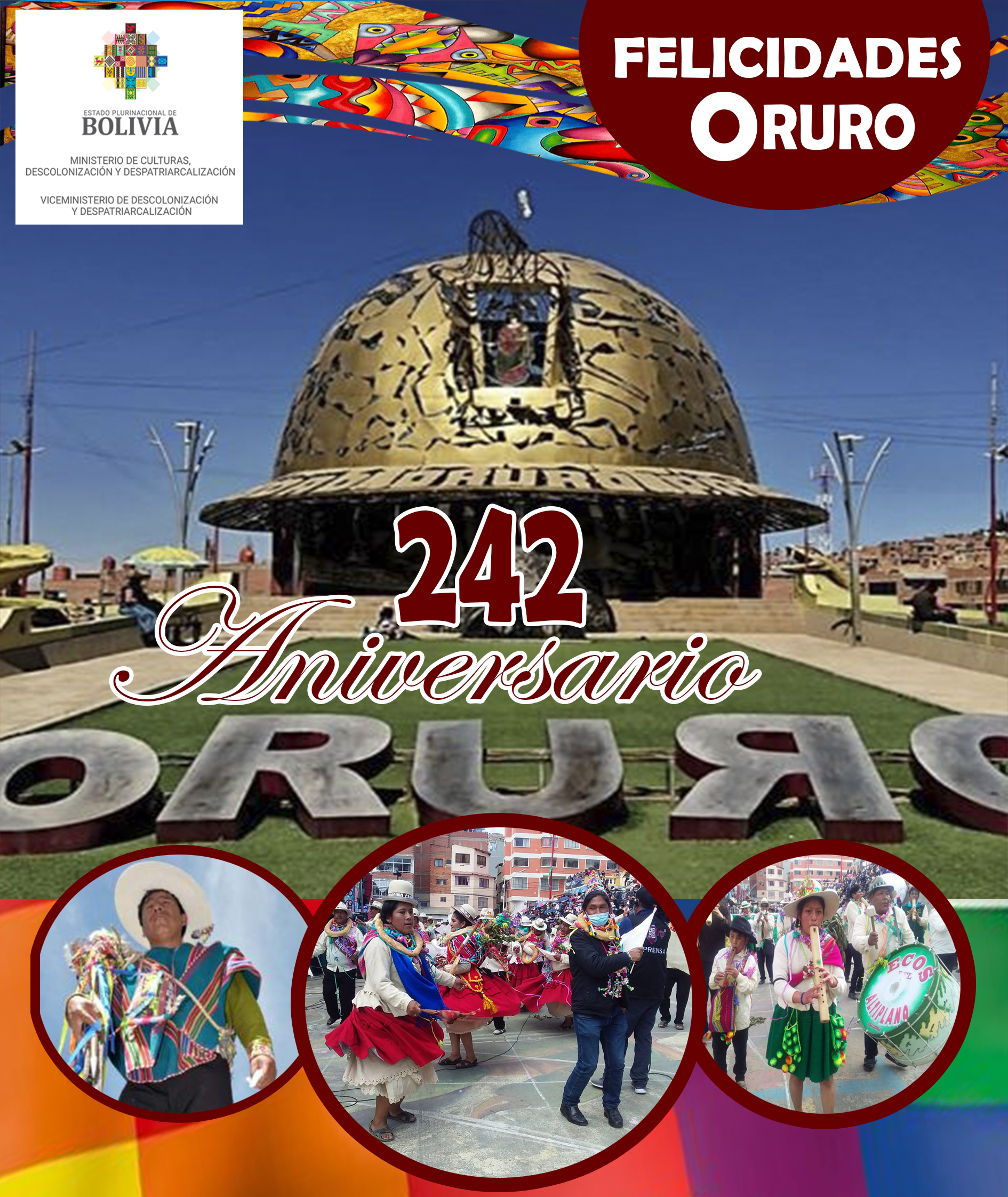 Desde el Viceministerio de Descolonización y Despatriarcalización, saludamos al pueblo Orureño en sus 242 Aniversario de su Grito Libertario